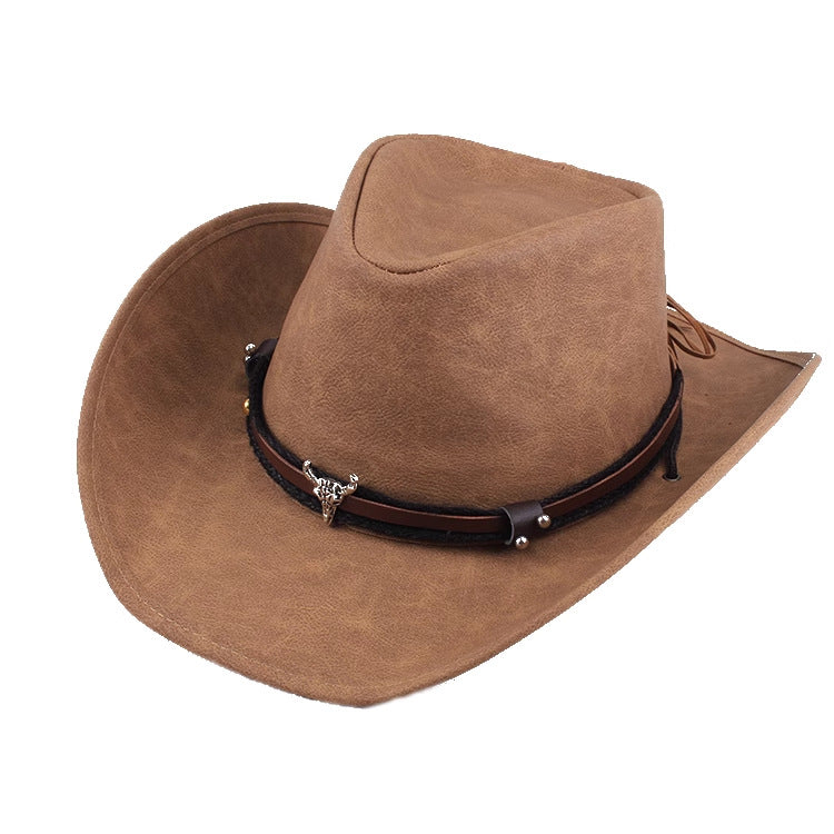 Men Large Brim Leather Sun Hat Cowboy Riding Hat Adjustable