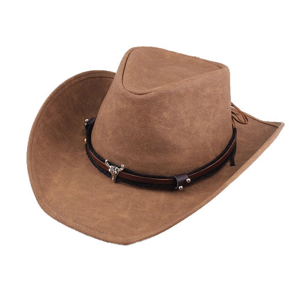 Men Large Brim Leather Sun Hat Cowboy Riding Hat Adjustable