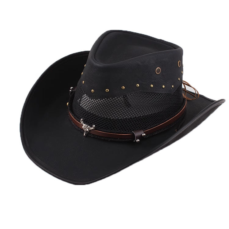 Men Large Brim Leather Sun Hat Cowboy Riding Hat Adjustable