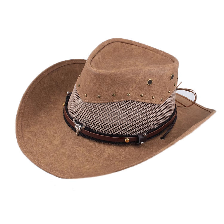 Men Large Brim Leather Sun Hat Cowboy Riding Hat Adjustable