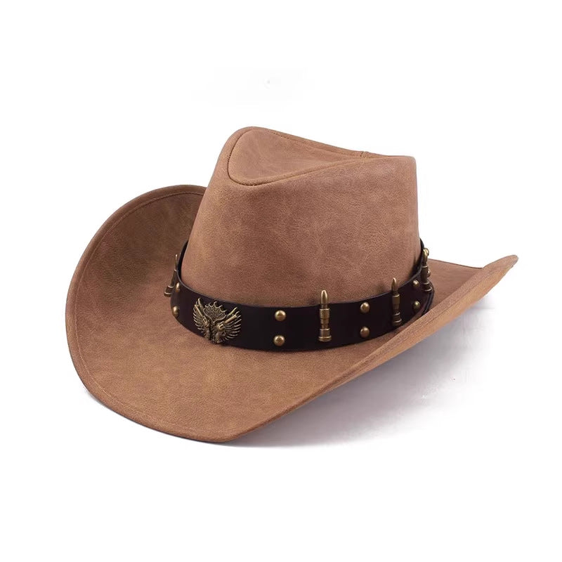 Men Large Brim Leather Sun Hat Cowboy Riding Hat Adjustable