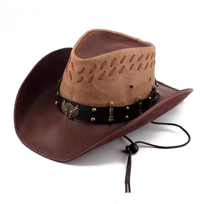Men Large Brim Leather Sun Hat Cowboy Riding Hat Adjustable