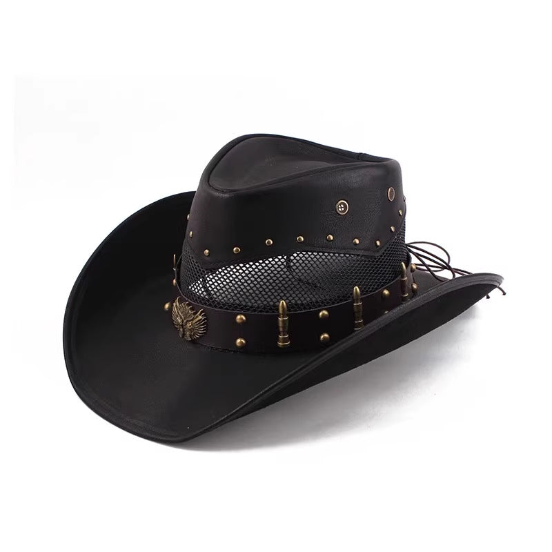 Men Large Brim Leather Sun Hat Cowboy Riding Hat Adjustable