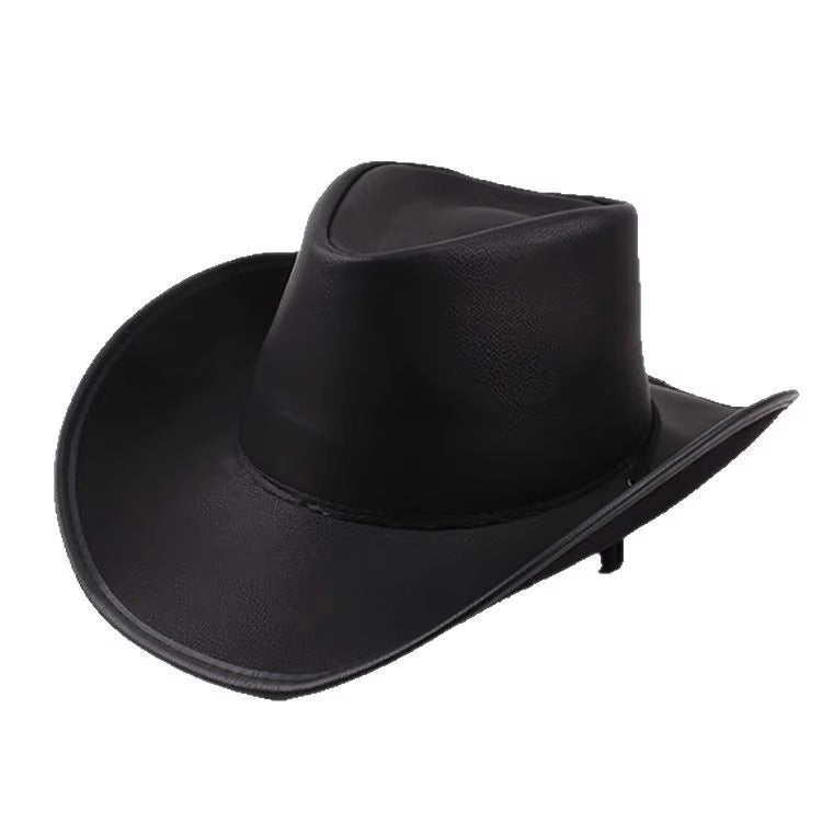Men Large Brim Leather Sun Hat Cowboy Riding Hat Adjustable