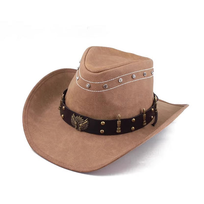 Men Large Brim Leather Sun Hat Cowboy Riding Hat Adjustable