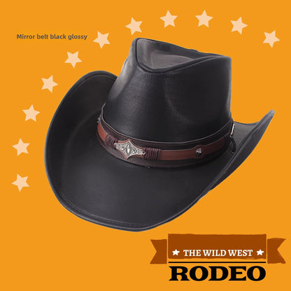 Men Large Brim Leather Sun Hat Cowboy Riding Hat Adjustable