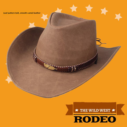 Men Large Brim Leather Sun Hat Cowboy Riding Hat Adjustable