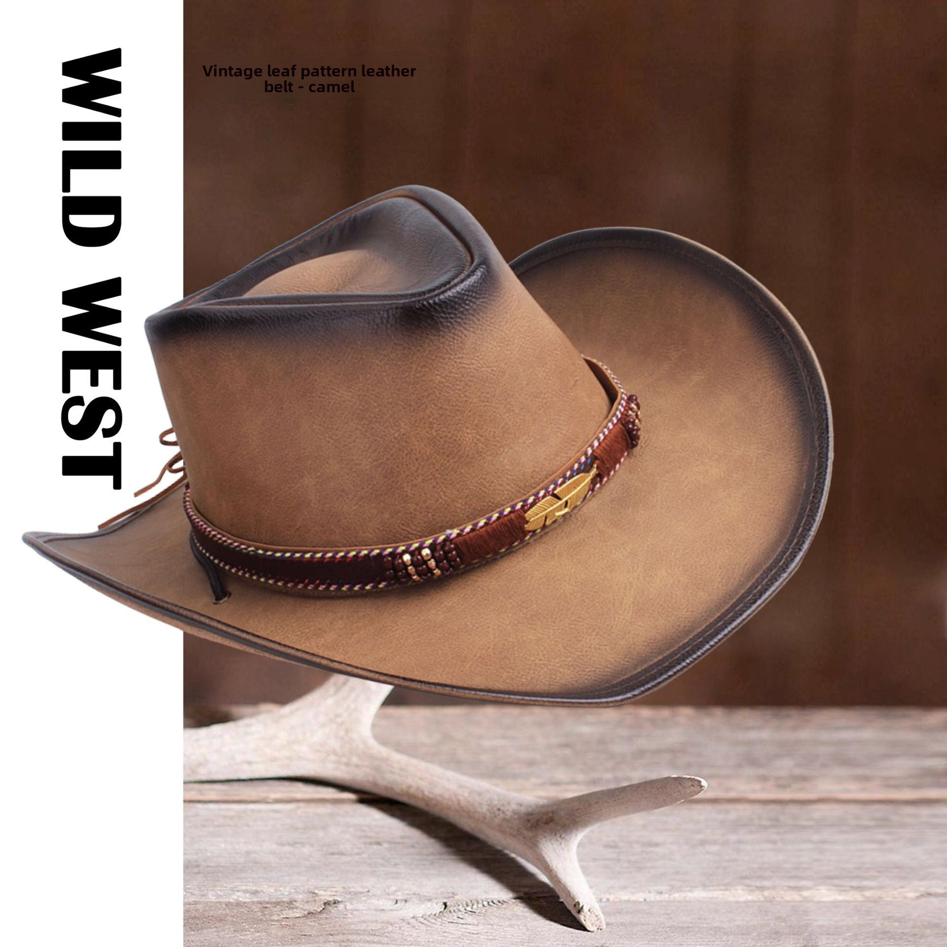 Men Large Brim Leather Sun Hat Cowboy Riding Hat Adjustable