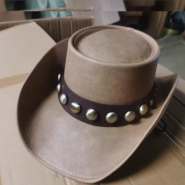 Men Large Brim Leather Sun Hat Cowboy Riding Hat Adjustable