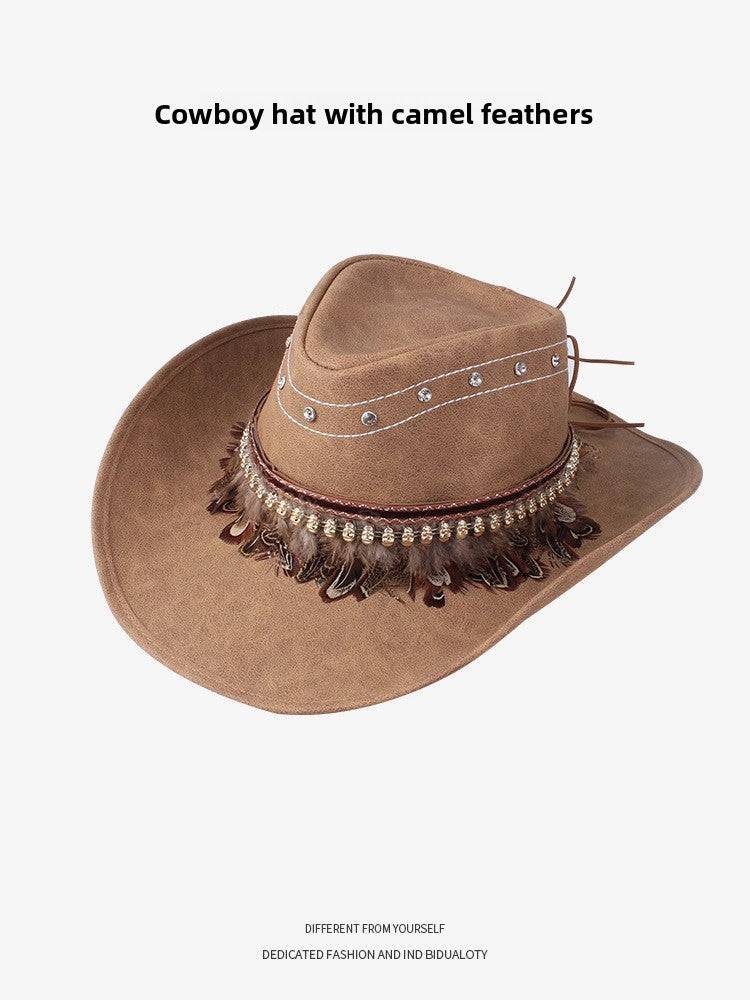 Men Large Brim Leather Sun Hat Cowboy Riding Hat Adjustable
