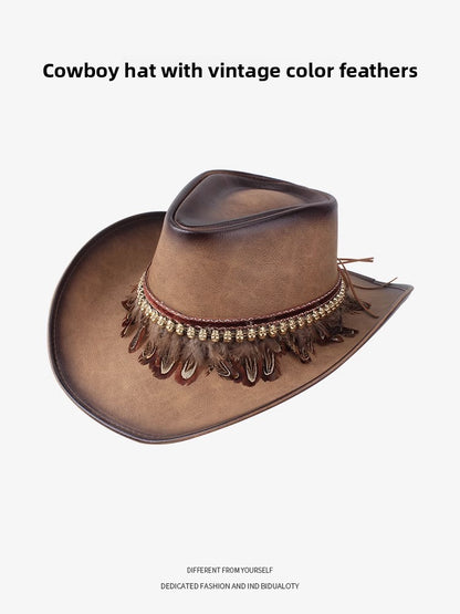 Men Large Brim Leather Sun Hat Cowboy Riding Hat Adjustable
