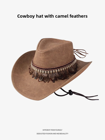 Men Large Brim Leather Sun Hat Cowboy Riding Hat Adjustable
