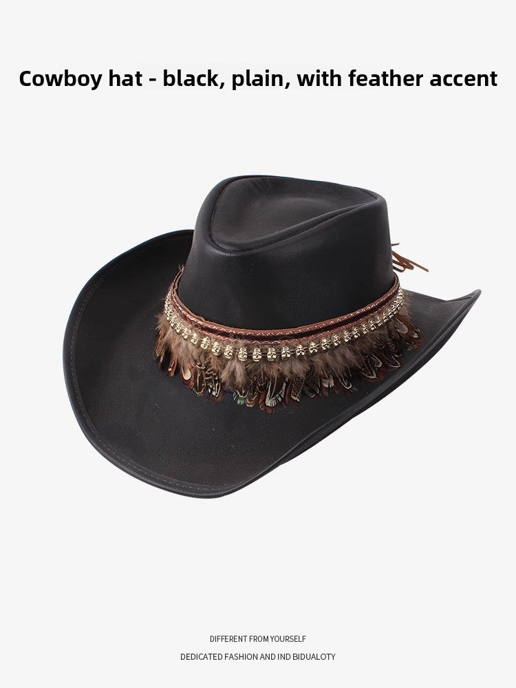 Men Large Brim Leather Sun Hat Cowboy Riding Hat Adjustable
