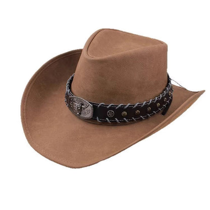 Men Large Brim Leather Sun Hat Cowboy Riding Hat Adjustable