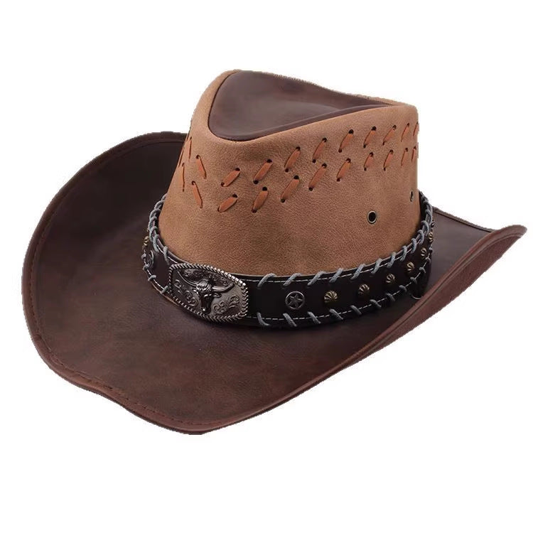 Men Large Brim Leather Sun Hat Cowboy Riding Hat Adjustable