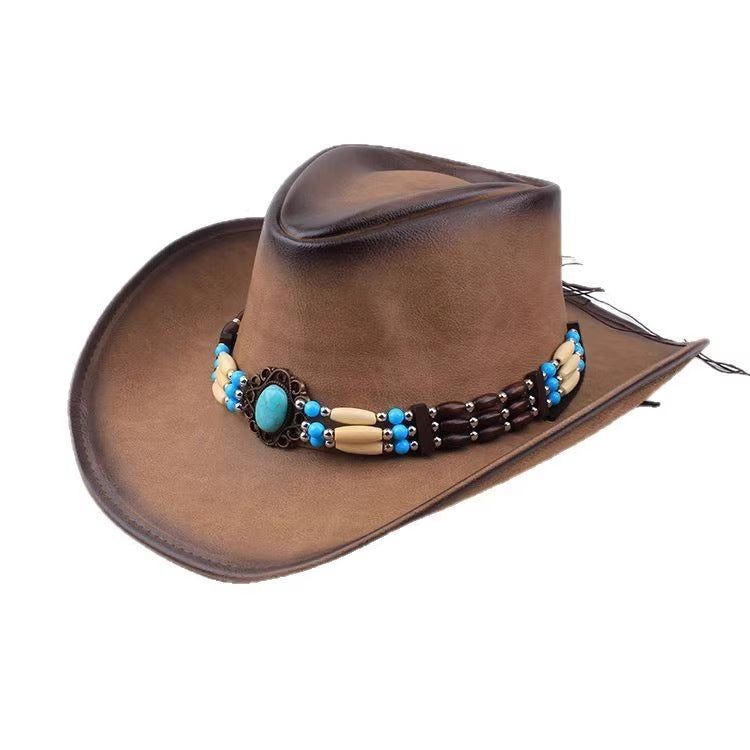 Men Large Brim Leather Sun Hat Cowboy Riding Hat Adjustable
