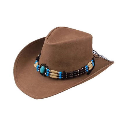 Men Large Brim Leather Sun Hat Cowboy Riding Hat Adjustable