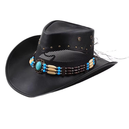 Men Large Brim Leather Sun Hat Cowboy Riding Hat Adjustable