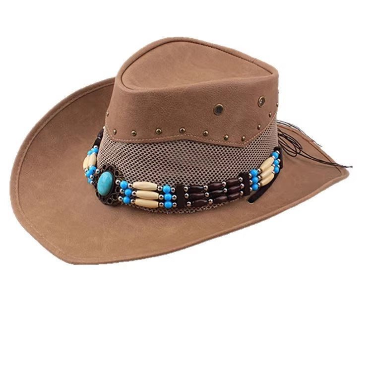 Men Large Brim Leather Sun Hat Cowboy Riding Hat Adjustable