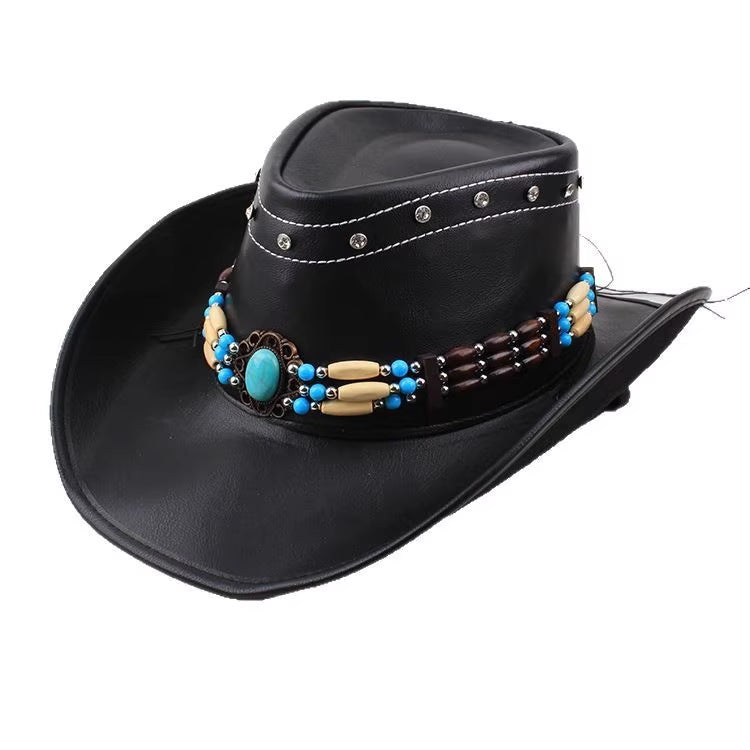 Men Large Brim Leather Sun Hat Cowboy Riding Hat Adjustable