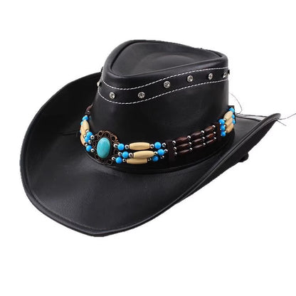 Men Large Brim Leather Sun Hat Cowboy Riding Hat Adjustable