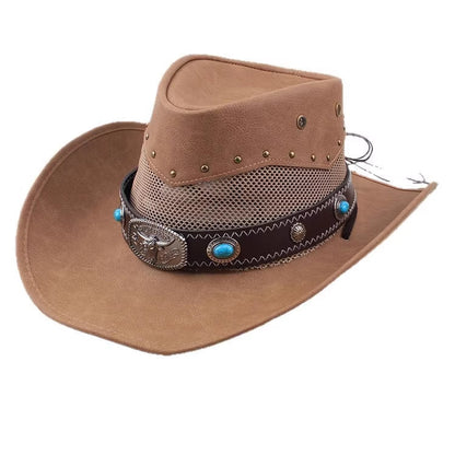 Men Large Brim Leather Sun Hat Cowboy Riding Hat Adjustable