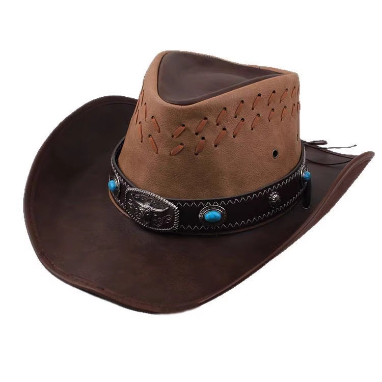 Men Large Brim Leather Sun Hat Cowboy Riding Hat Adjustable