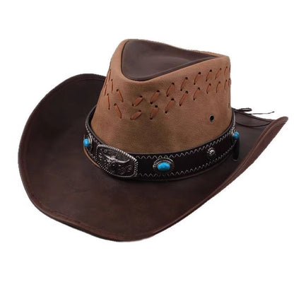 Men Large Brim Leather Sun Hat Cowboy Riding Hat Adjustable