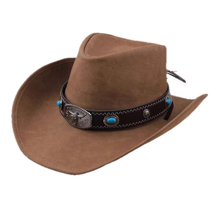 Men Large Brim Leather Sun Hat Cowboy Riding Hat Adjustable