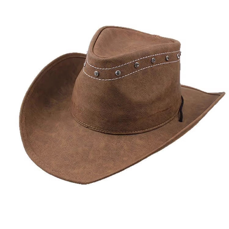 Men Large Brim Leather Sun Hat Cowboy Riding Hat Adjustable