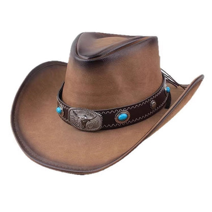 Men Large Brim Leather Sun Hat Cowboy Riding Hat Adjustable