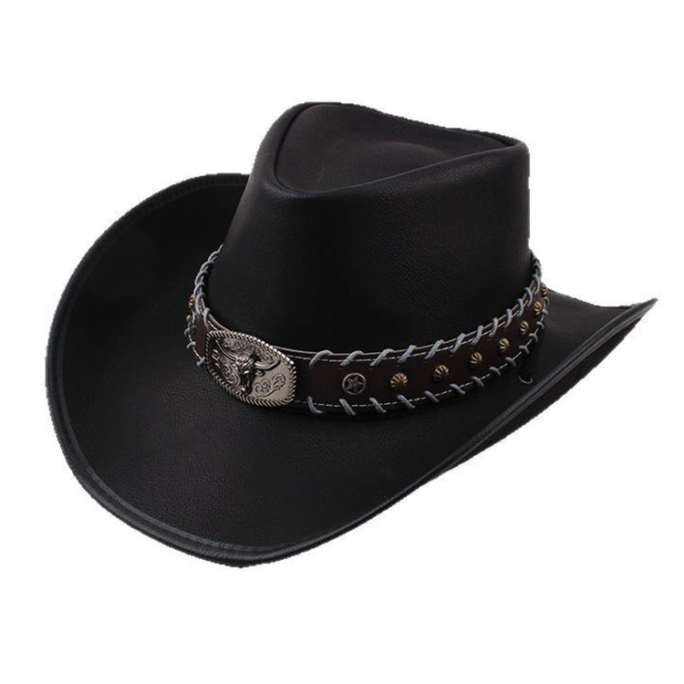 Men Large Brim Leather Sun Hat Cowboy Riding Hat Adjustable