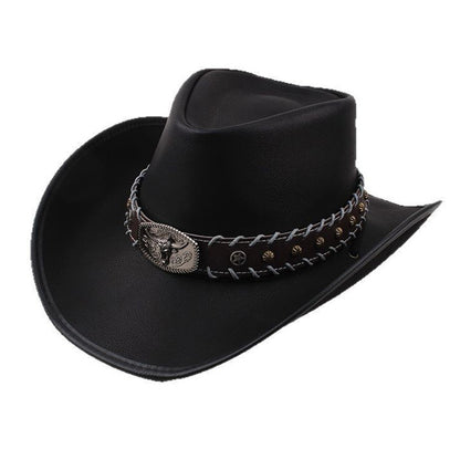 Men Large Brim Leather Sun Hat Cowboy Riding Hat Adjustable