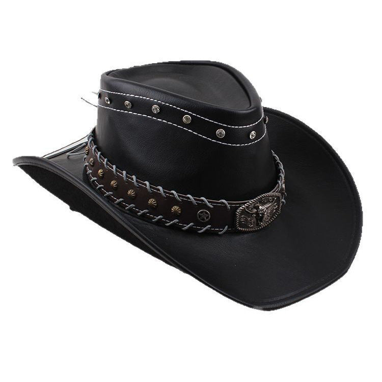 Men Large Brim Leather Sun Hat Cowboy Riding Hat Adjustable
