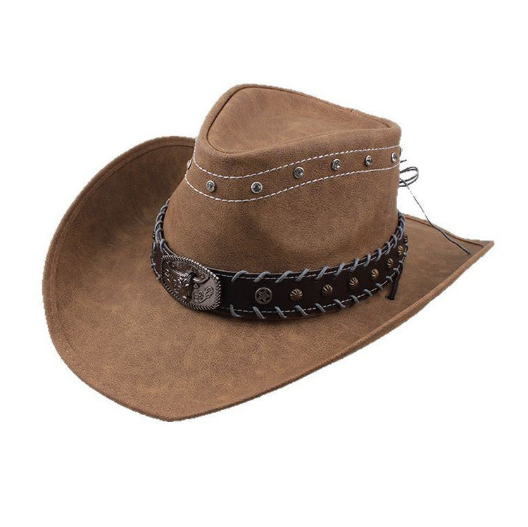 Men Large Brim Leather Sun Hat Cowboy Riding Hat Adjustable