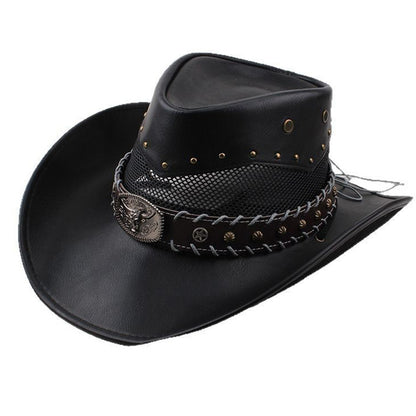 Men Large Brim Leather Sun Hat Cowboy Riding Hat Adjustable