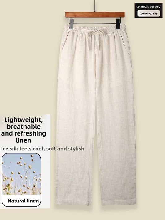 Men's 100% Linen Straight-Leg Casual Pants Breathable Loose Drawstring Trousers