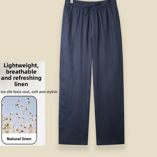 Men's 100% Linen Straight-Leg Casual Pants Breathable Loose Drawstring Trousers
