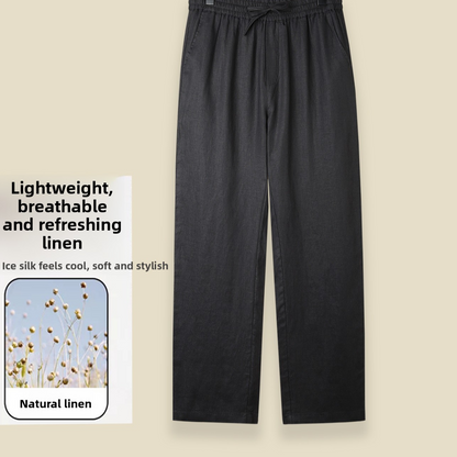 Men's 100% Linen Straight-Leg Casual Pants Breathable Loose Drawstring Trousers