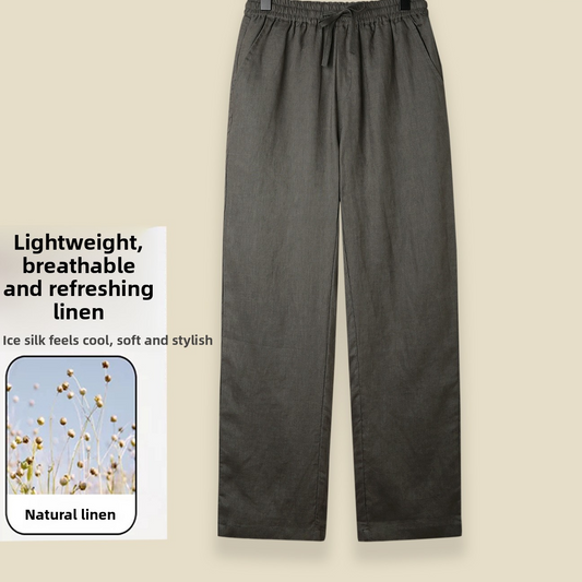 Men's 100% Linen Straight-Leg Casual Pants Breathable Loose Drawstring Trousers