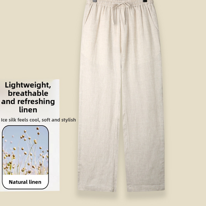 Men's 100% Linen Straight-Leg Casual Pants Breathable Loose Drawstring Trousers