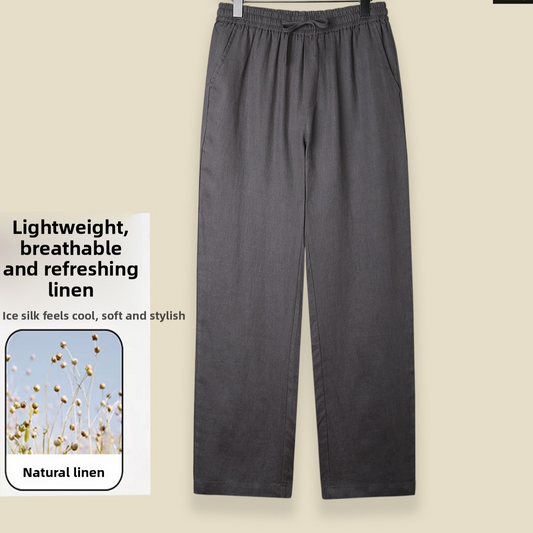 Men's 100% Linen Straight-Leg Casual Pants Breathable Loose Drawstring Trousers