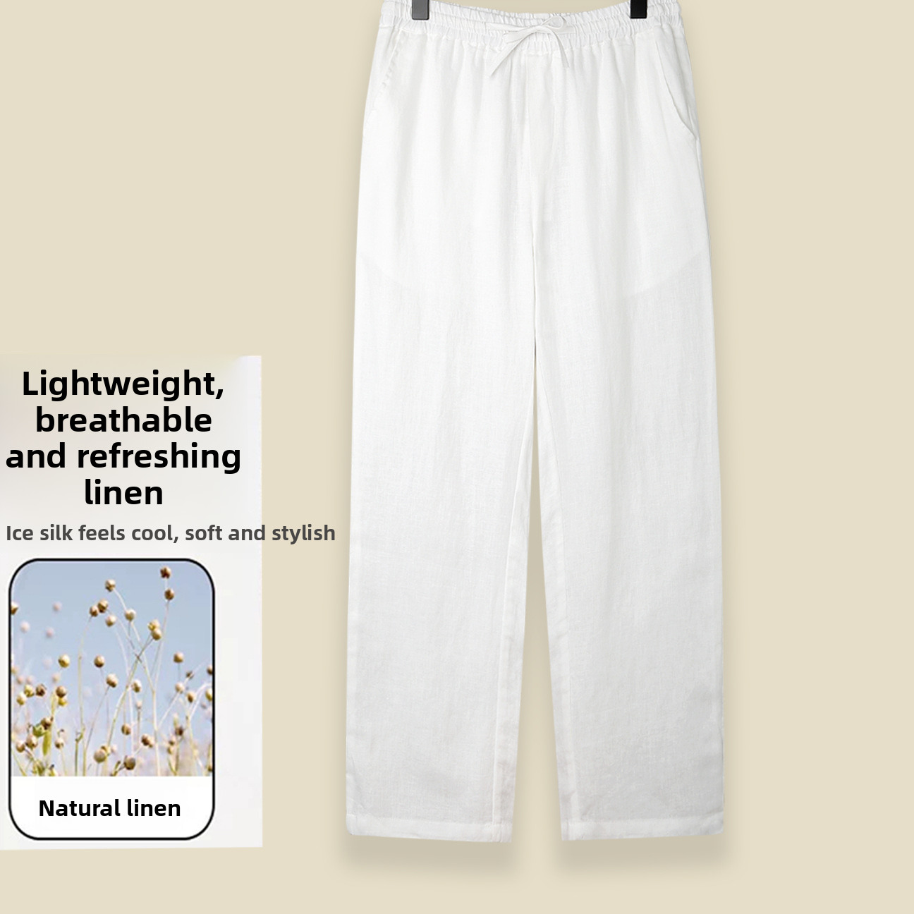 Men's 100% Linen Straight-Leg Casual Pants Breathable Loose Drawstring Trousers