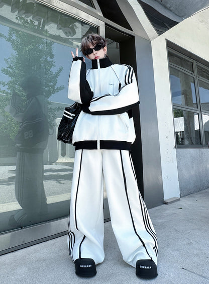 Men's Black and White Color-Block Sports Suit