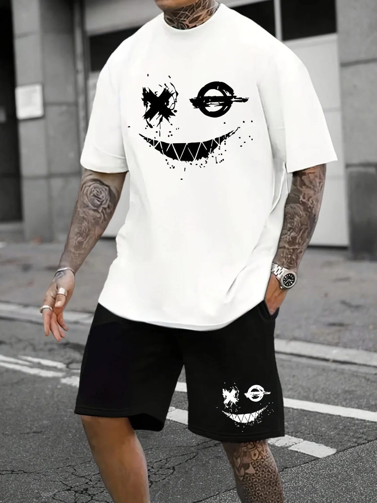 Men's Cartoon Rabbit Print Short-Sleeve T-Shirt and Shorts Set