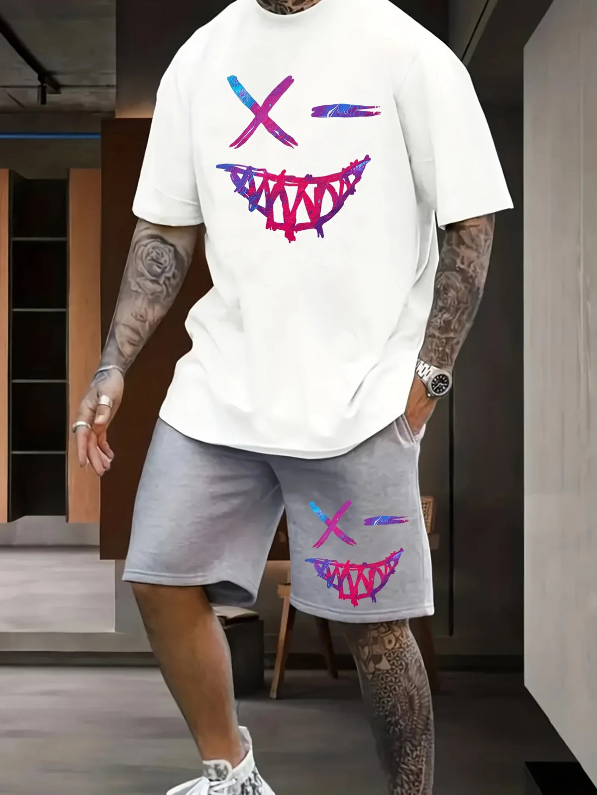 Men's Cartoon Rabbit Print Short-Sleeve T-Shirt and Shorts Set