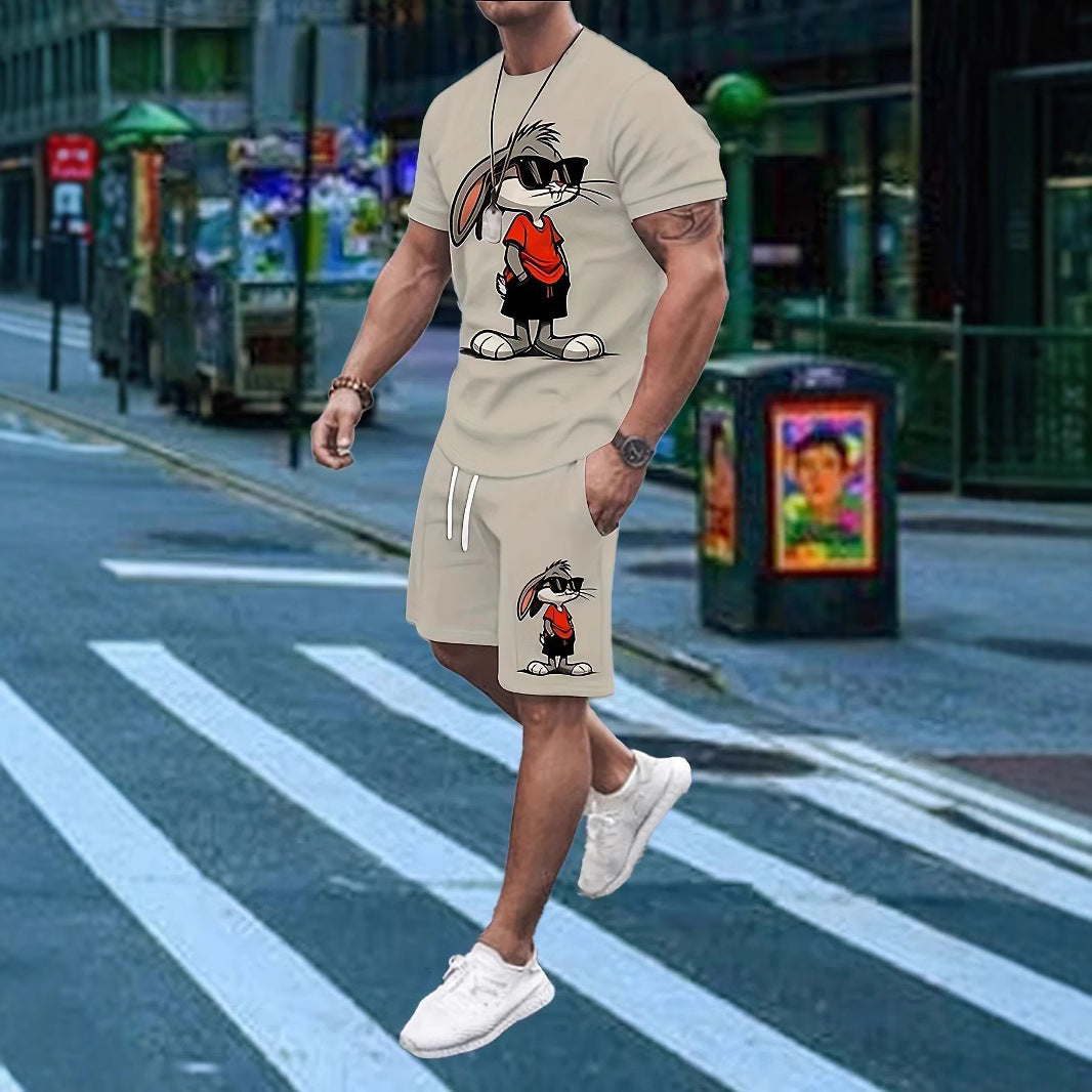 Men's Cartoon Rabbit Print Short-Sleeve T-Shirt and Shorts Set