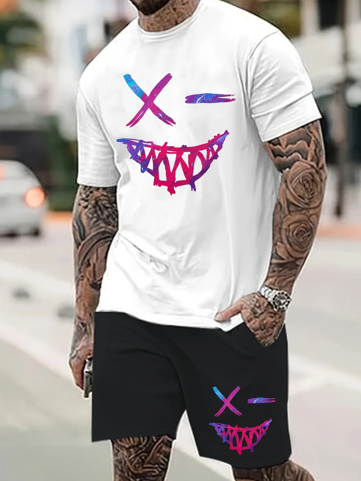 Men's Cartoon Rabbit Print Short-Sleeve T-Shirt and Shorts Set