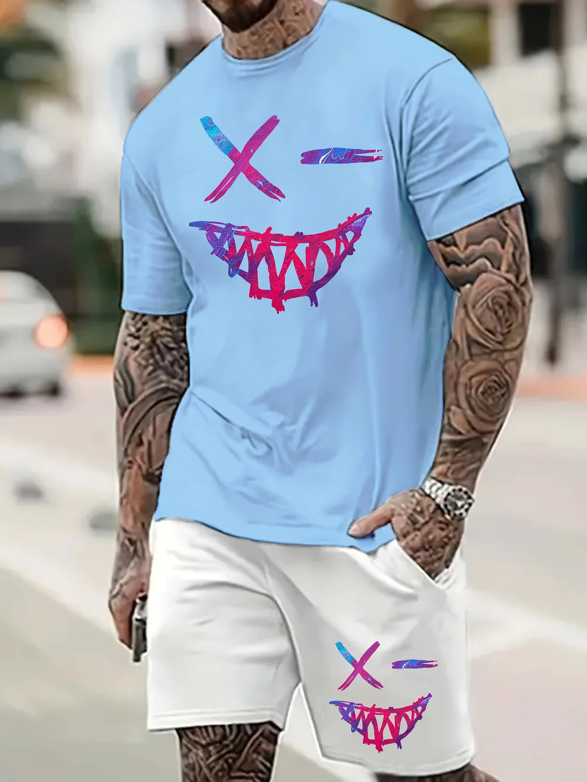 Men's Cartoon Rabbit Print Short-Sleeve T-Shirt and Shorts Set