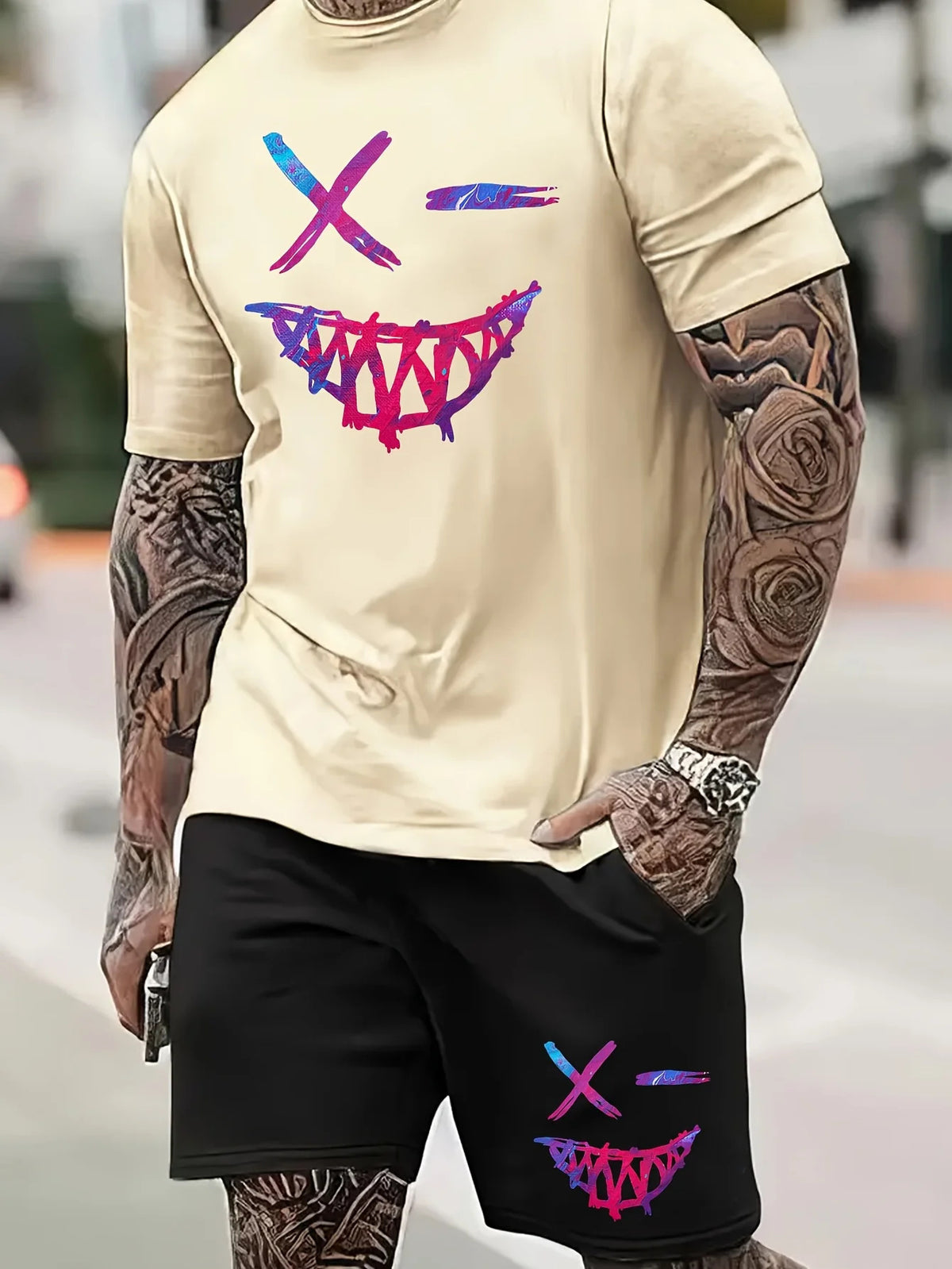Men's Cartoon Rabbit Print Short-Sleeve T-Shirt and Shorts Set